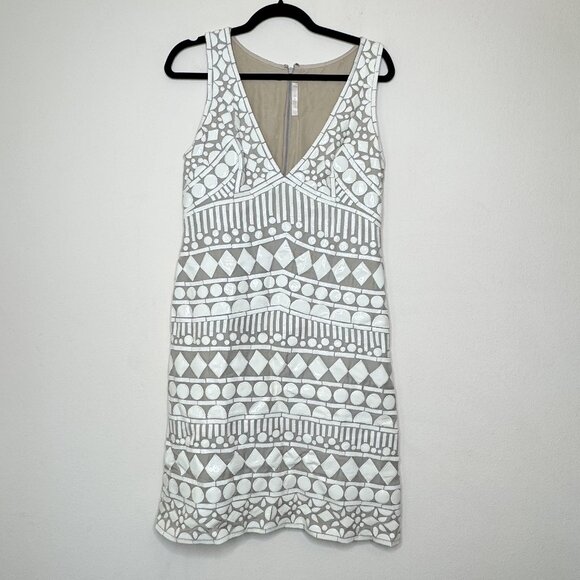 Naeem Khan Silk & Leather Patchwork Appliqué Mini Dress White and Tan Size 8 - Picture 1 of 13